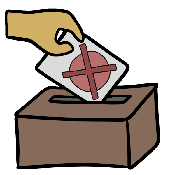 a yellow hand placing a white rectangle with a red circle and X on it into a slotted brown box
